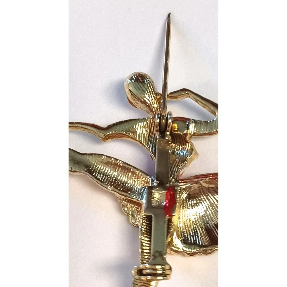 Ballerina Dancer Brooch Pin Gold Tone Red Enamel Rhinestone Faux Pearl Accent